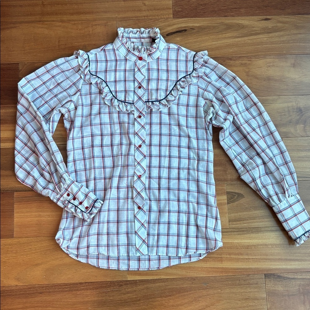 Plaid Ruffle Button-Down Shirt - White & Red